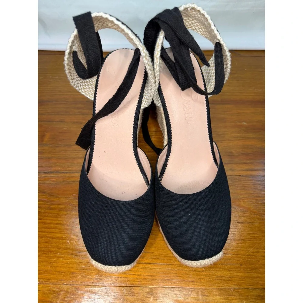 J.Crew Black Canvas Ankle Tie Espadrille Wedge Sandals Womens 9 Closed Toe